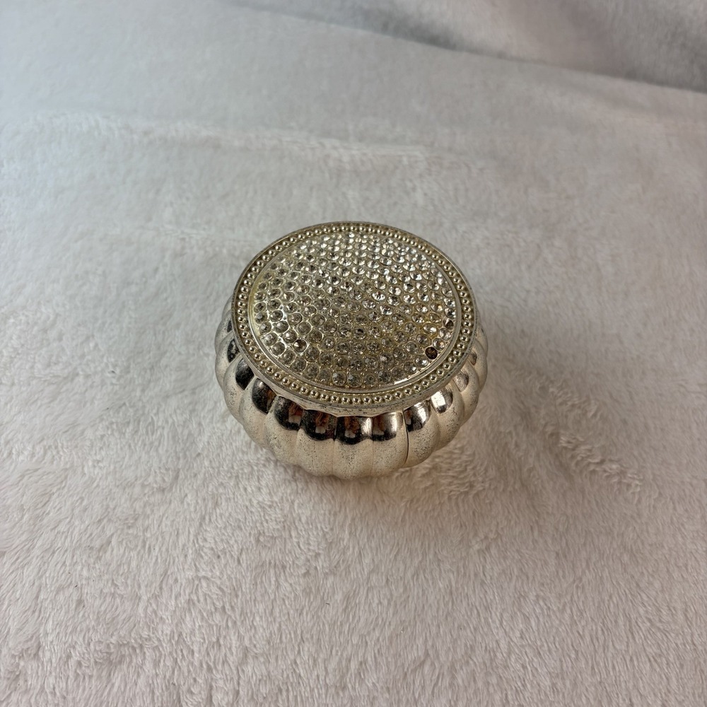 Vintage Silvertone Ribbed Round‎ Trinket Box Rhinestone Lid Velvet Lined As Is
